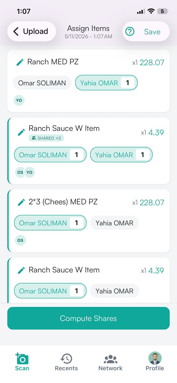 Tap — to split every item